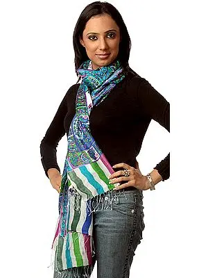 Blue and Ivory Stole with Paisley Kani Print