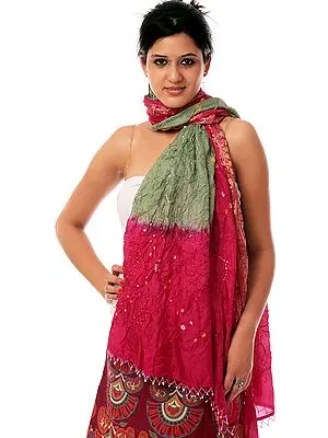 Magenta and Green Shaded Bandhani Shawl from Gujarat