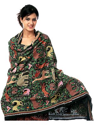 Black Shawl with Kantha Stitch Embroidered Wildlife