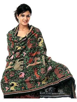 Black Shawl with Kantha Stitch Embroidered Wildlife