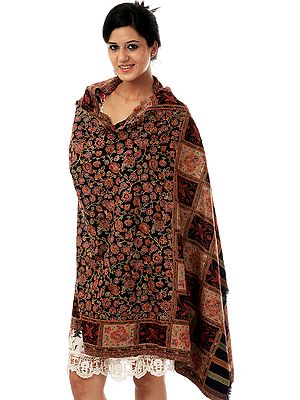 Black Kani Shawl with All-Over Needle Embroidery by Hand