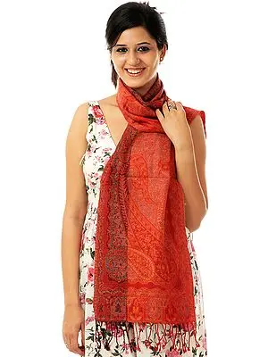 Red and Orange Jamawar Scarf with Woven Paisleys