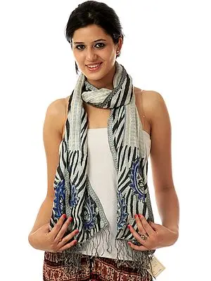 Zebra Designer Stole with Embroidered Paisleys and Sequins