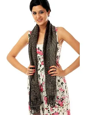 Black Reversible Jamawar Scarf with Woven Paisleys
