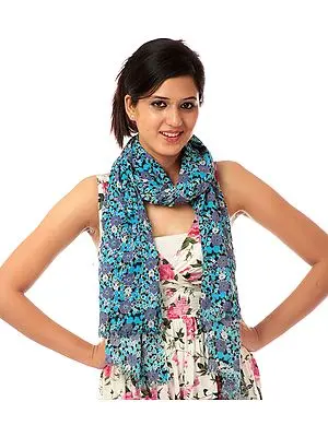 Blue Bamboo Stole with Printed Flowers