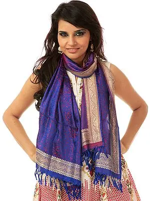 Handwoven Ultramarine Banarasi Stole with Tanchoi Weave