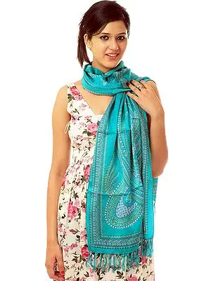 Cyan Scarf with Printed Paisleys