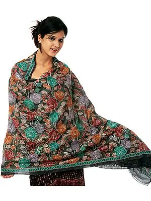 Black Shawl with Kantha Stitch Embroidered Flowers