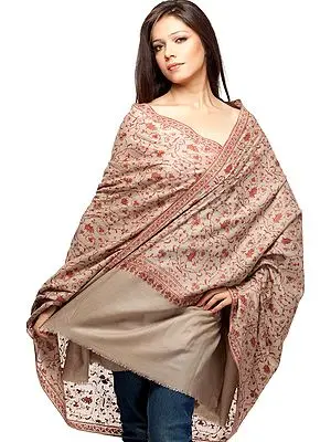 Khaki Pure Pashmina Shawl with Intricate Kashmiri Sozni Embroidery by Hand All-Over