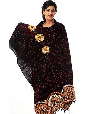 Antique Coffee-Brown Bandhani Embroidered Shawl from Kutchh with Mirrors