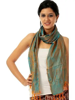 Amber and Cyan Banarasi Stole with Tanchoi Weave