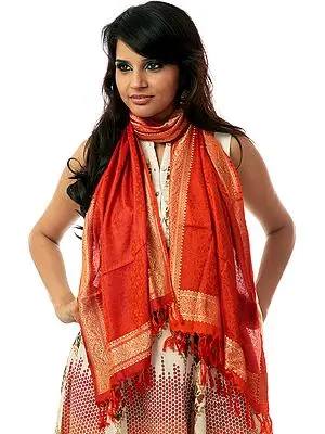 Handwoven Orange Banarasi Stole with Tanchoi Weave