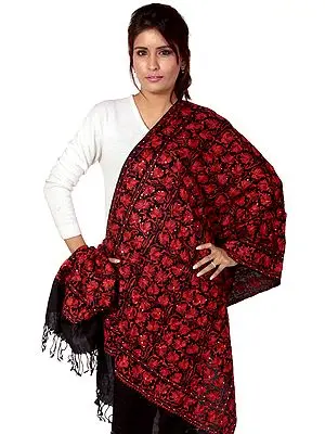 Black Stole with Aari Red Embroidered Flowers and Sequins All-Over