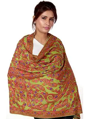 Pear-Green Aari Stole from Kashmir with Hand-Embroidered Paisleys