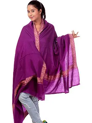 Purple Tusha Shawl with Densely Hand-Embroidered Border