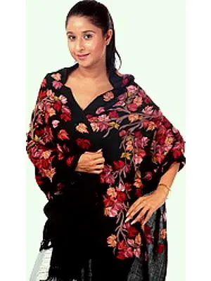 Black Aari Stole from Kashmir with Hand-Embroidered Tree of Life