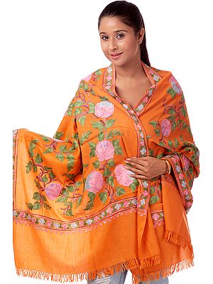Topaz-Orange Phulkari Aari Embroidered Stole
