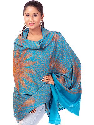 Turquoise Kashmiri Tusha Shawl with Large Hand Needle-Embroidered Flower and Paisleys