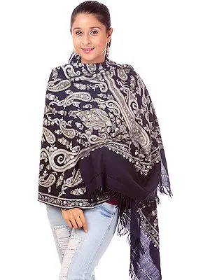 Midnight-Blue Aari Stole from Kashmir with Hand-Embroidered Paisleys