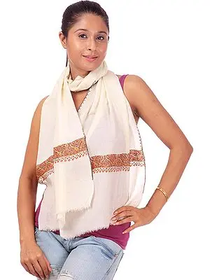 Ivory Tusha Stole with Sozni-Embroidery by Hand on Edges