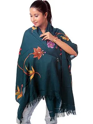 Atlantic-Deep Blue Designer Stole from Kashmir with Hand-Embroidered Flowers