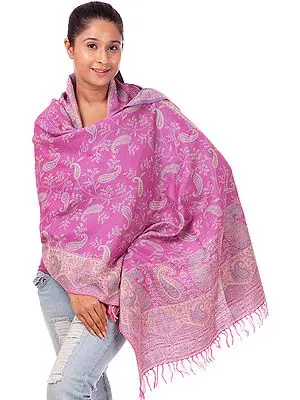 Pink Reversible Jamawar Stole with Woven Paisleys