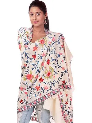 Ivory Shawl with Aari Embroidered Flowers All-Over