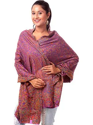 Purple Kani Stole with Woven Paisleys in Multi-Color Threads