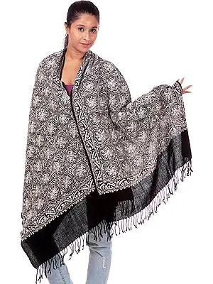Black and White Stole with Aari Embroidery and Sequins
