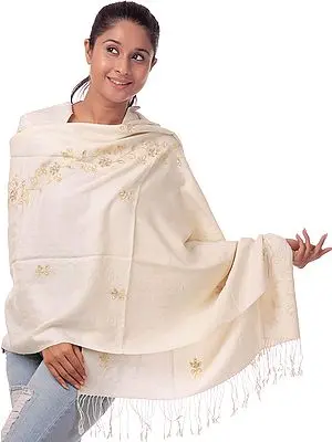 Ivory Silk-Pashmina Stole from Nepal with Embroidered Beads and Sequins