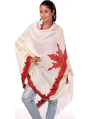 Ivory Kashmiri Crewel Shawl with Hand-Embroidered Paisleys on Border