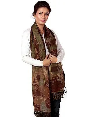 Brown Reversible Jamawar Stole with Floral Weave