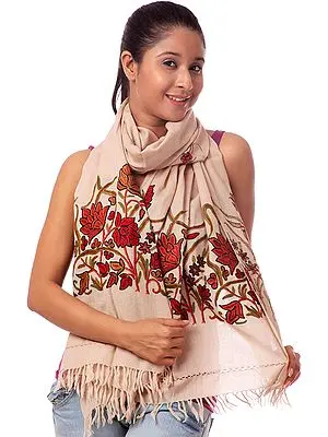 Beige Kashmiri Stole with Hand-Embroidered Flowers on Border