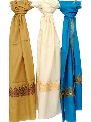 Lot of Three Plain Tusha Stoles with Needle Embroidery by Hand
