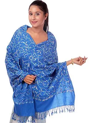 Royal-Blue Stole with Aari Embroidery All-Over
