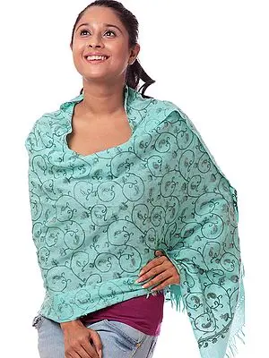 Jade-Green Aari Stole from Kashmir with Hand-Embroidery All-Over