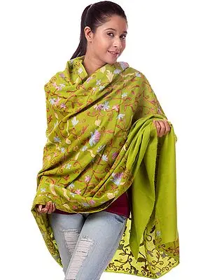 Lime-Green Phulkari Aari Embroidered Shawl from Kashmir
