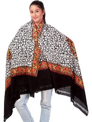 Black and White Aari Embroidered Shawl from Kashmir with Large Paisley