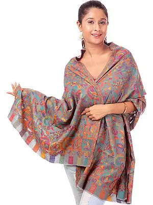 Gray Kani Stole with Woven Paisleys in Multi-Color Threads