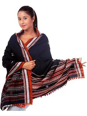 Midnight-Blue Woven Shawl from Kutchh with Mirrors