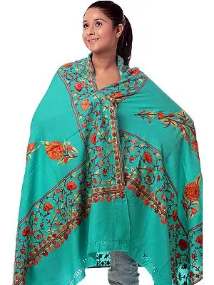 Sea-Green Phulkari Aari Embroidered Shawl from Kashmir