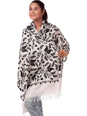 Ivory Aari Stole from Kashmir with Embroidered Paisleys