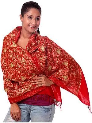 Red Stole with Aari Embroidery and Sequins in Gold