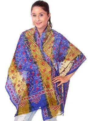 Blue and Olive Stole with Kantha Stitch Embroidery by Hand