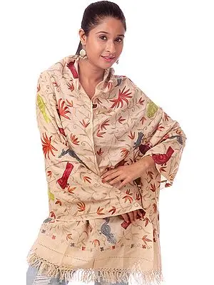 Beige Aari Stole with Embroidered Birds