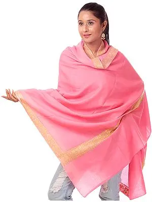 Salmon-Rose Tusha Shawl with Densely Hand-Embroidered Border