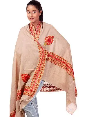 Khaki Phulkari Crewel Embroidered Shawl from Kashmir