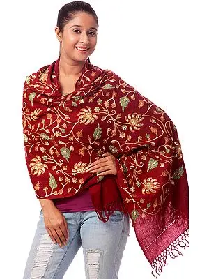 Red Crewel Embroidered Stole with Crystals and Sequins