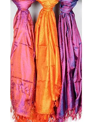 Lot of Three Tanchoi Stoles Hand-woven in Banaras