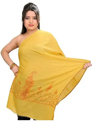 Ochre Tusha Stole with Hand-Embroidered Paisleys on Border